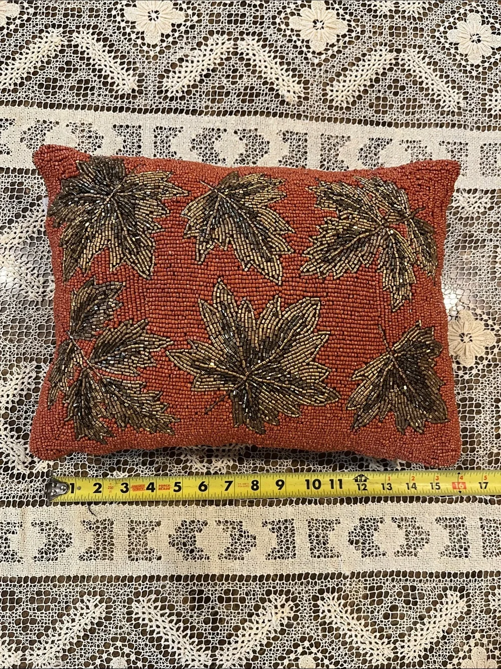 Autumn Hill Orange with Gold Leaves Ornate Beaded Accent Pillow Fall Decor
